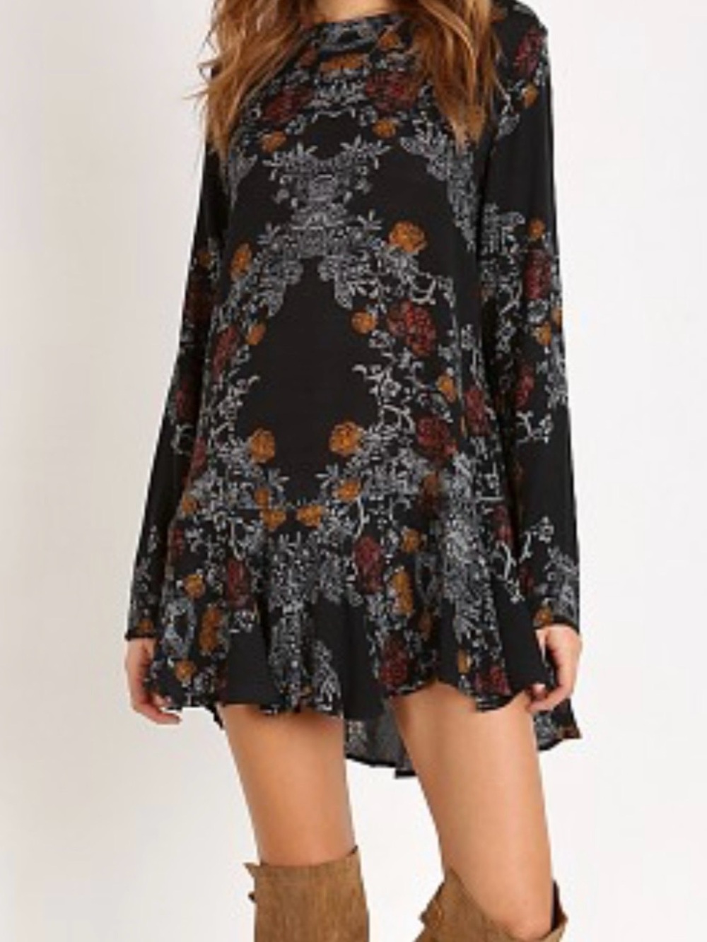 Free People Black Smooth Talker Tunic Floral Mini Dress Boho Hippie S